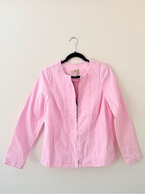 Barbie Pink Jean Jacket Medium (8) LOGO Lori Goldstein Bubblegum Pink ZipUp NWOT